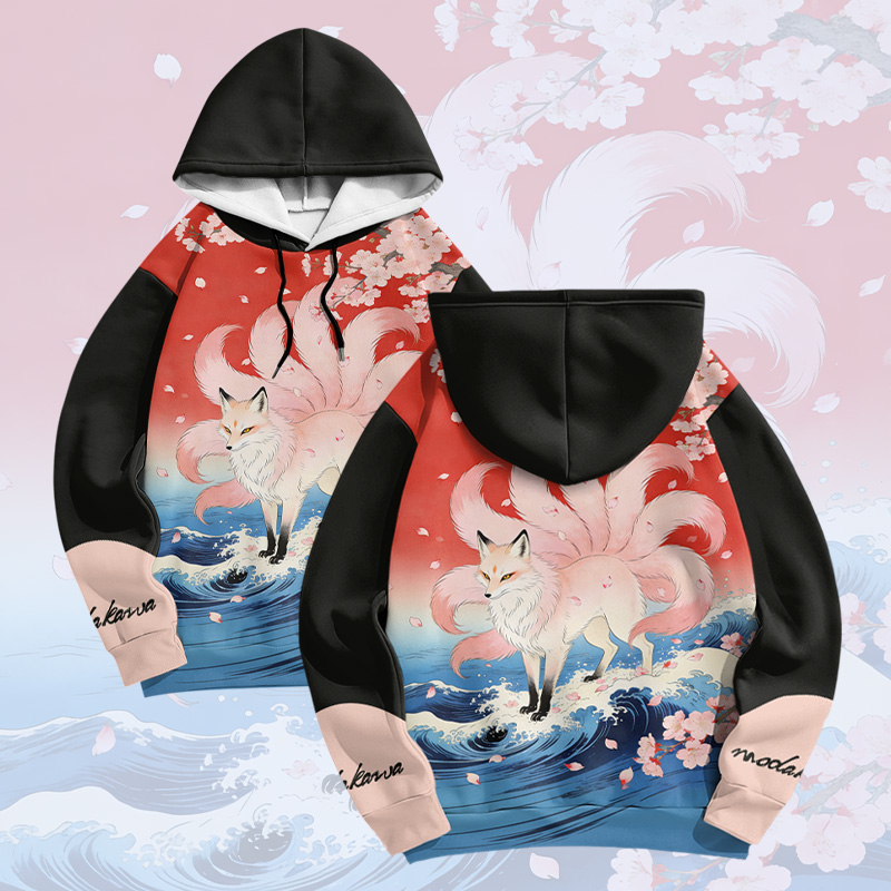 Nine Tailed Fox Graphic Modakawa Color Block Pullover Hoodie - Black - 6XL - image 4