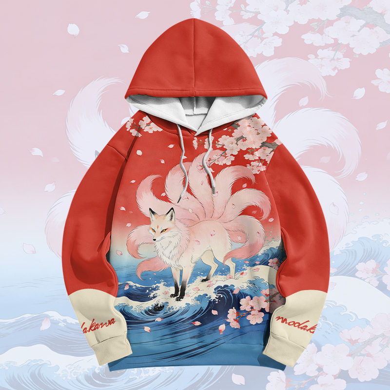 Nine Tailed Fox Graphic Modakawa Color Block Pullover Hoodie - image 2