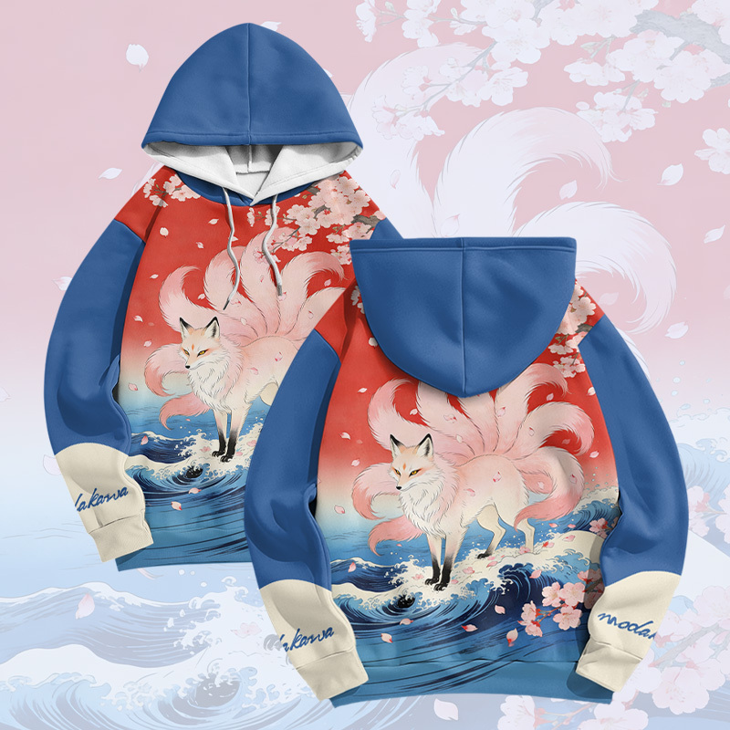 Nine Tailed Fox Graphic Modakawa Color Block Pullover Hoodie - Blue - 6XL - image 3