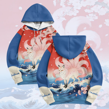 Nine Tailed Fox Graphic Modakawa Color Block Pullover Hoodie - Blue - 6XL - image 3
