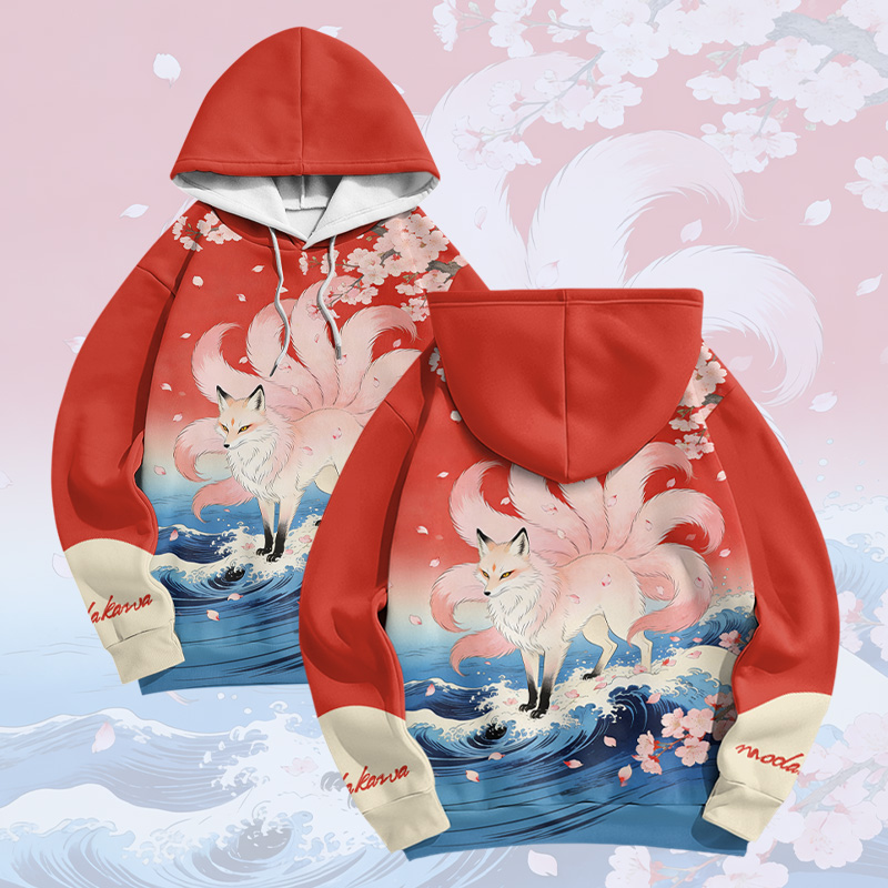 Nine Tailed Fox Graphic Modakawa Color Block Pullover Hoodie - Red - 6XL - image 1