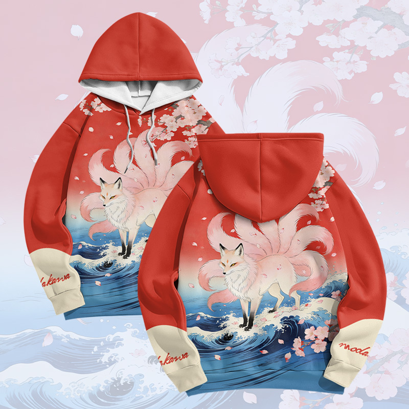 Nine Tailed Fox Graphic Modakawa Color Block Pullover Hoodie - Red - 6XL - image 1