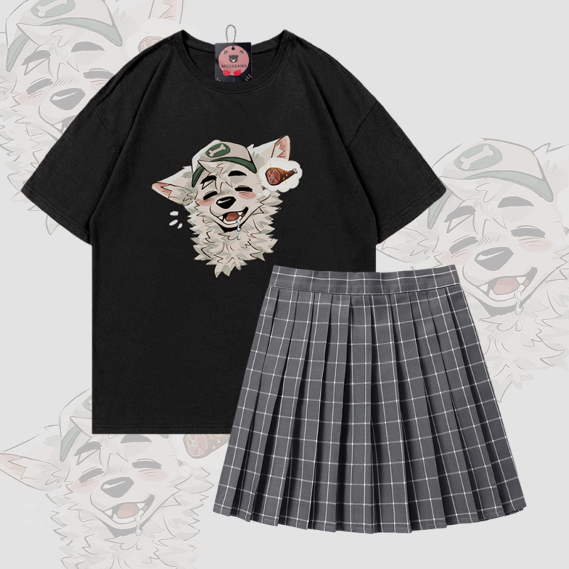 MODAKAWA X atka Fox Graphic 100% Cotton T-shirt Plaid Skirt Two Pieces Set - Set B - 5XL - image 2
