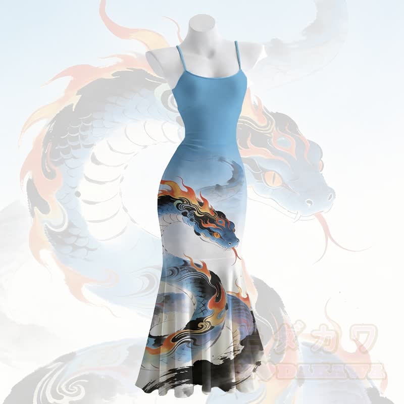 Flame Snake Graphic Spaghetti Strap Maxi Mermaid Dress - Blue - 5XL - image 2