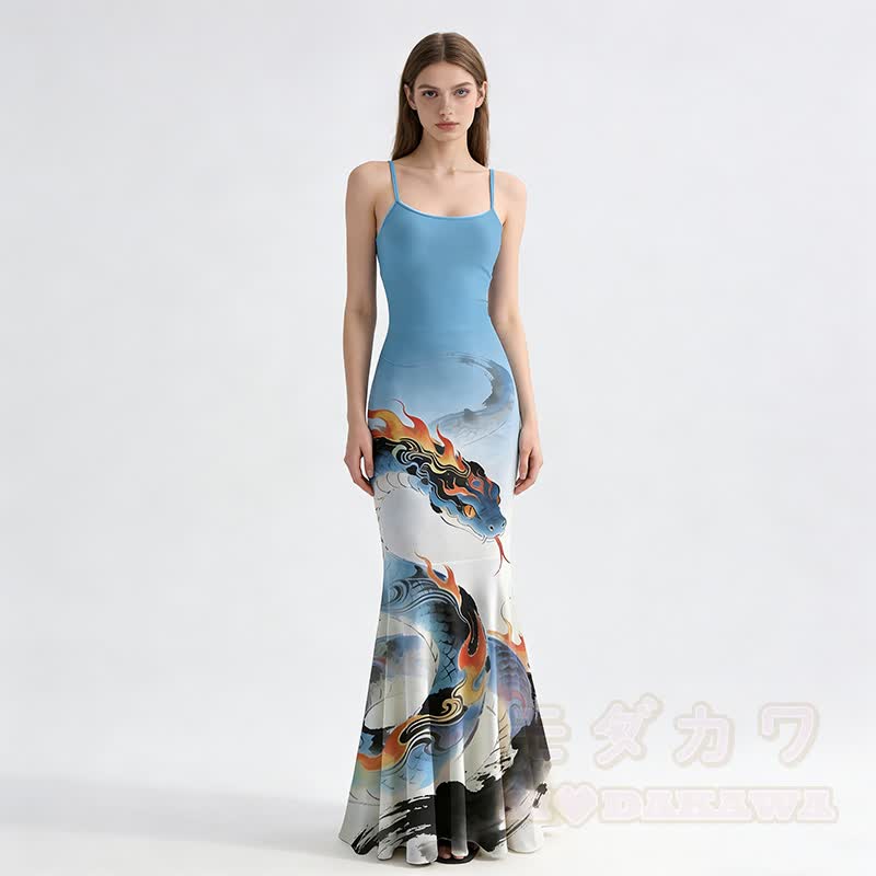 Flame Snake Graphic Spaghetti Strap Maxi Mermaid Dress - image 1