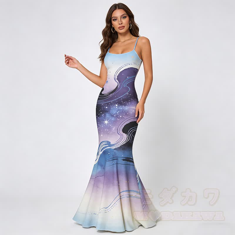 Galaxy Graphic Spaghetti Strap Maxi Mermaid Dress - Purple - 5XL - image 2