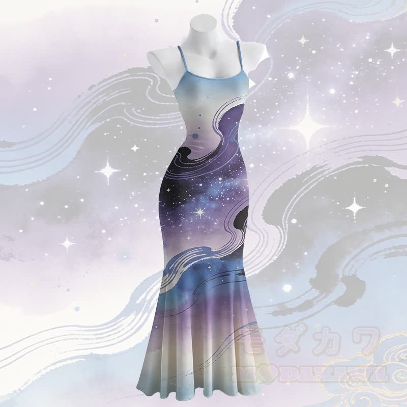 Galaxy Graphic Spaghetti Strap Maxi Mermaid Dress - image 1