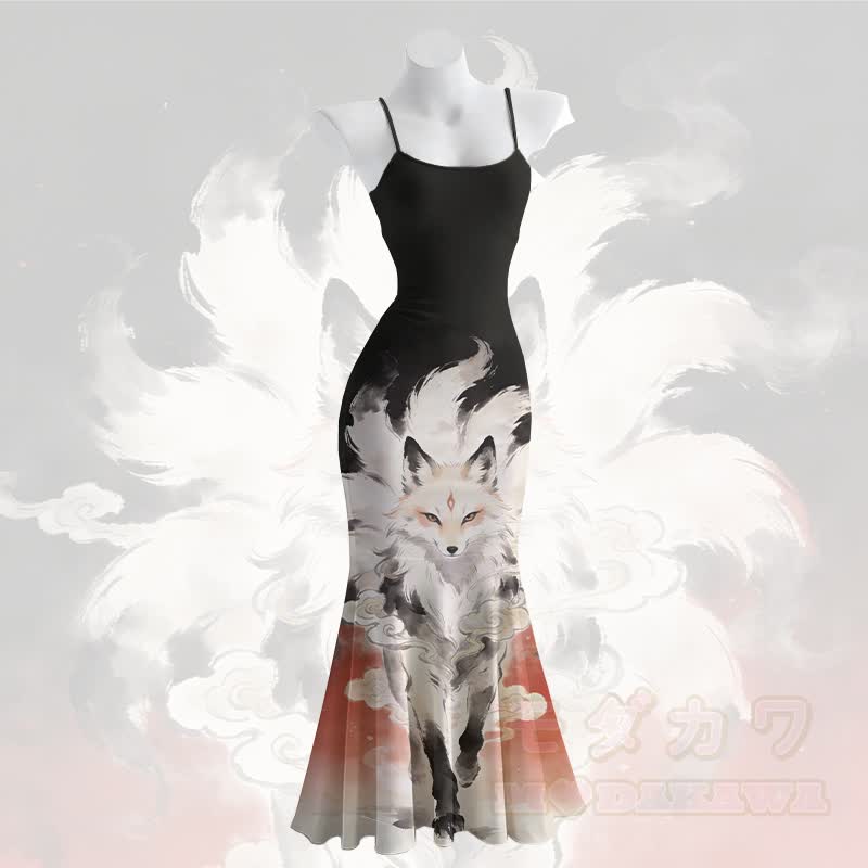 Nine-tailed Fox Graphic Spaghetti Strap Maxi Mermaid Dress - Black - 5XL - image 2