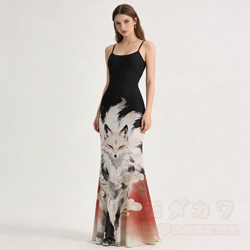 Nine-tailed Fox Graphic Spaghetti Strap Maxi Mermaid Dress - image 1