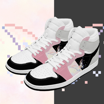 Butterfly Graphic Modakawa Color Block High Top PU Leather Sneakers - Pink & Black - 48 - image 1