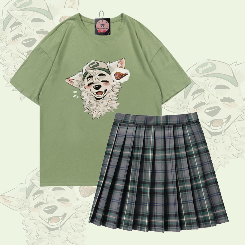 MODAKAWA X atka Fox Graphic 100% Cotton T-shirt Plaid Skirt Two Pieces Set - Set A - 5XL - image 1