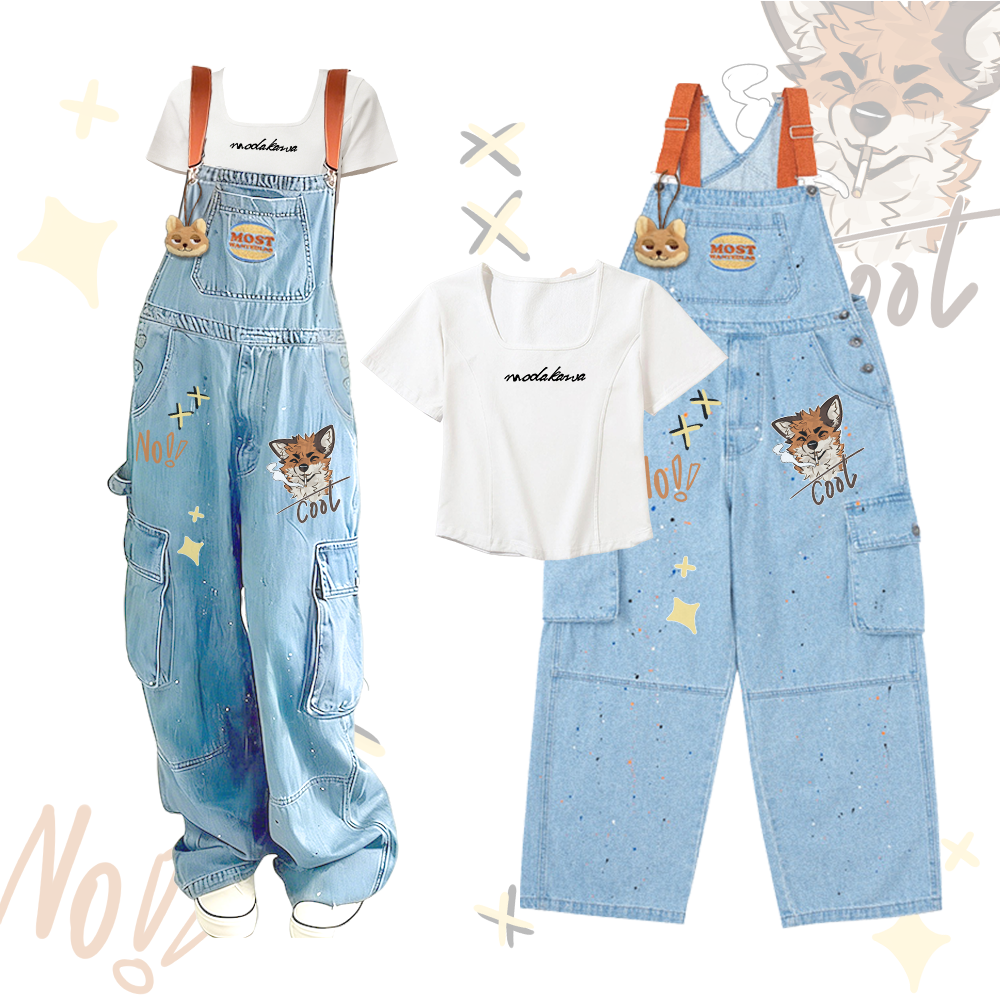 MODAKAWA X atka Letter Graphic Square Neck T-shirt Fox Pendant Fox Smoking Graphic Denim Overalls Two Pieces Set - White & Blue - 2XL - image 2