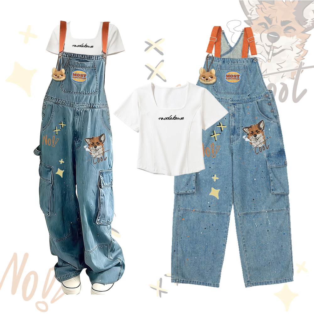 MODAKAWA X atka Letter Graphic Square Neck T-shirt Fox Pendant Fox Smoking Graphic Denim Overalls Two Pieces Set - White & Dark Blue - 2XL - image 1