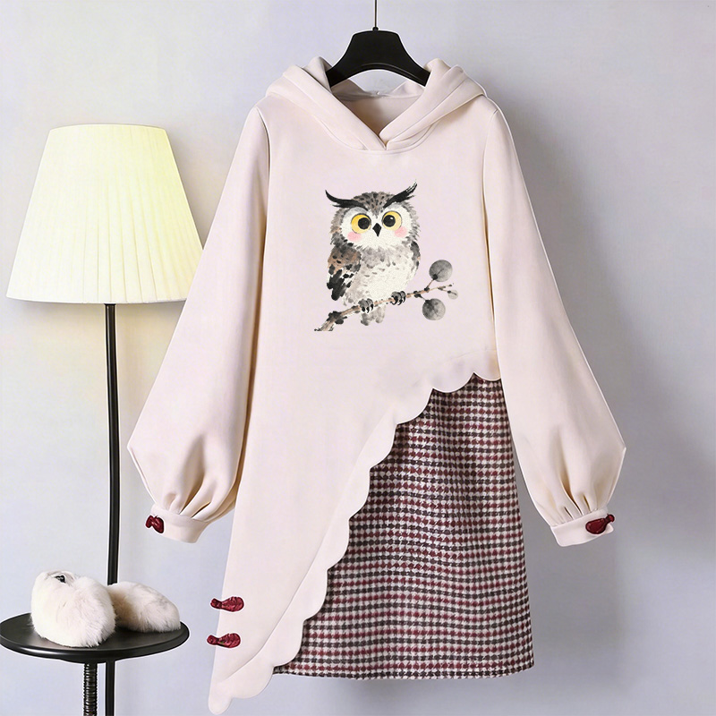 Owl Graphic Modakawa Buckle Vintage Hooded Sweatshirt Dress - Apricot - 3XL - image 1