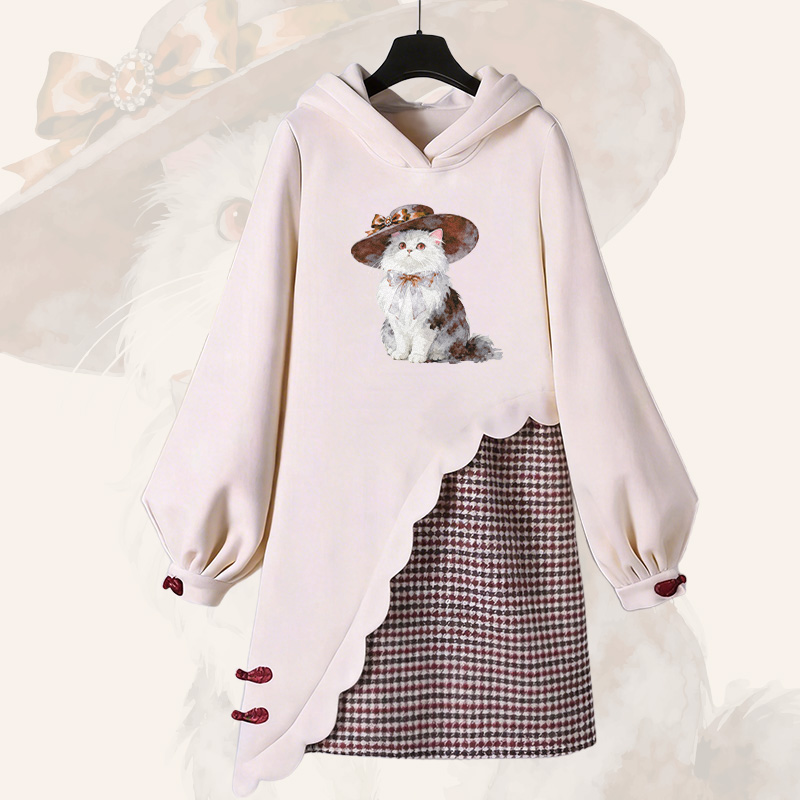 Cat Graphic Modakawa Buckle Vintage Hooded Sweatshirt Dress - Apricot - 3XL - image 2