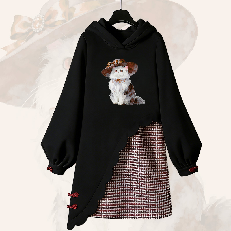 Cat Graphic Modakawa Buckle Vintage Hooded Sweatshirt Dress - Black - 3XL - image 1