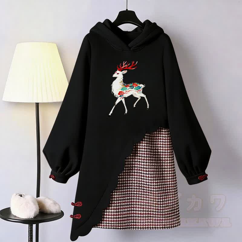 Deer Graphic Modakawa Buckle Vintage Hooded Sweatshirt Dress - Black - 3XL - image 2