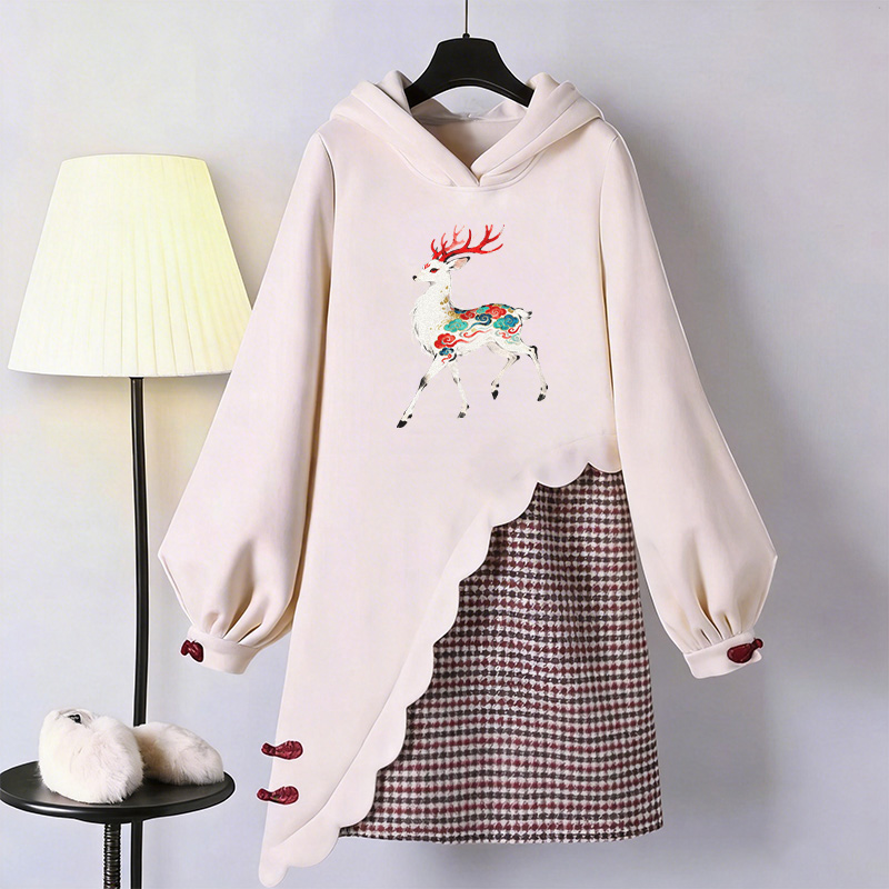 Deer Graphic Modakawa Buckle Vintage Hooded Sweatshirt Dress - Apricot - 3XL - image 1