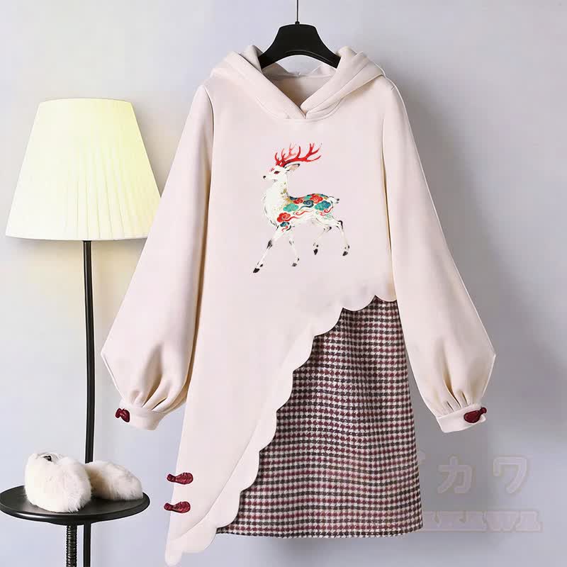 Deer Graphic Modakawa Buckle Vintage Hooded Sweatshirt Dress - Pink - 3XL - image 1