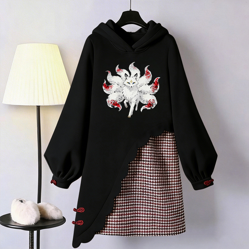 Nine Tailed Fox Graphic Modakawa Buckle Vintage Hooded Sweatshirt Dress - Black - 3XL - image 1