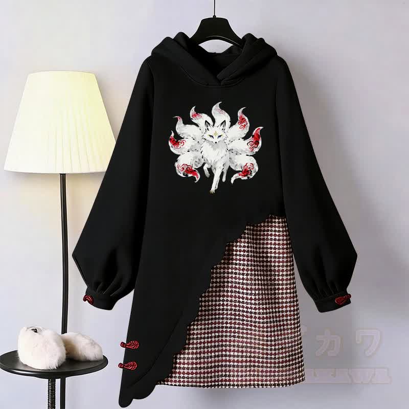 Nine Tailed Fox Graphic Modakawa Buckle Vintage Hooded Sweatshirt Dress - Black - 3XL - image 1