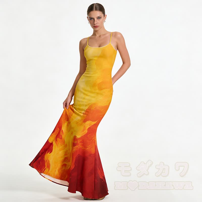 Gradient Flame Graphic Spaghetti Strap Maxi Mermaid Dress - Yellow - 5XL - image 2