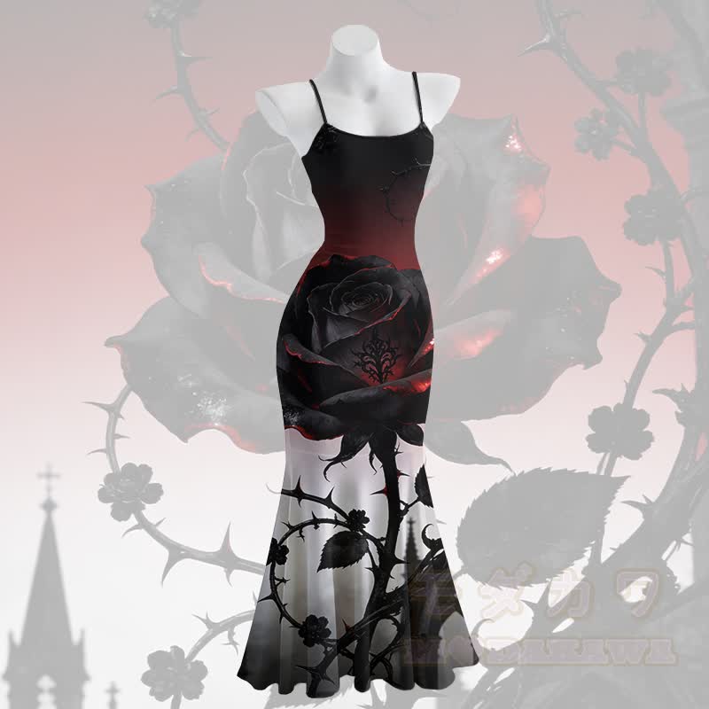 Gothic Rose Graphic Spaghetti Strap Maxi Mermaid Dress - Black - 5XL - image 2