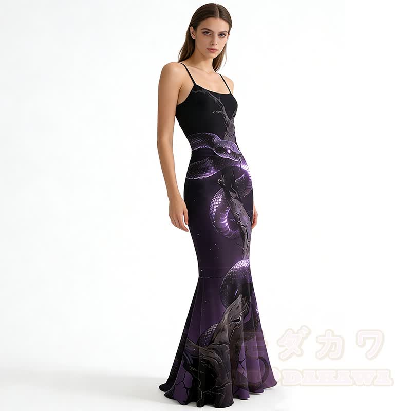 Snake Graphic Spaghetti Strap Maxi Mermaid Dress - Purple - 5XL - image 2