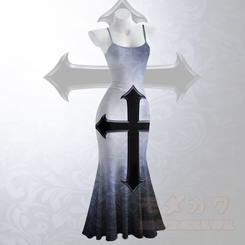 Gothic Cross Graphic Spaghetti Strap Maxi Mermaid Dress - Blue - 5XL - image 2