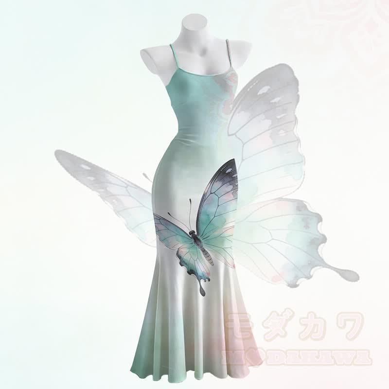 Butterfly Graphic Spaghetti Strap Maxi Mermaid Dress - Green - 5XL - image 2