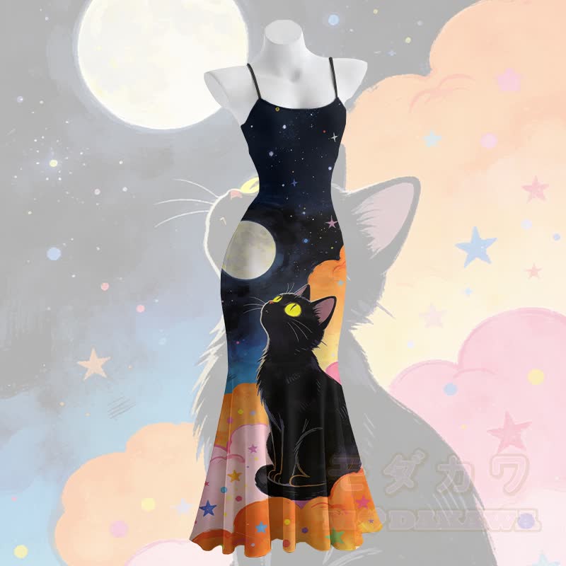 Cat Moon Graphic Spaghetti Strap Maxi Mermaid Dress - image 1