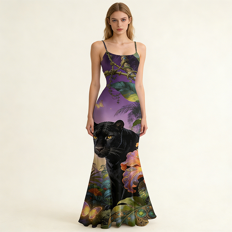 Panther Graphic Spaghetti Strap Maxi Mermaid Dress - image 1