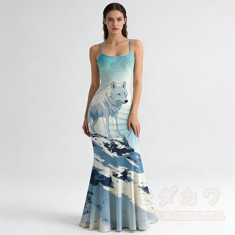 Wolf Graphic Spaghetti Strap Maxi Mermaid Dress - Blue - 5XL - image 2