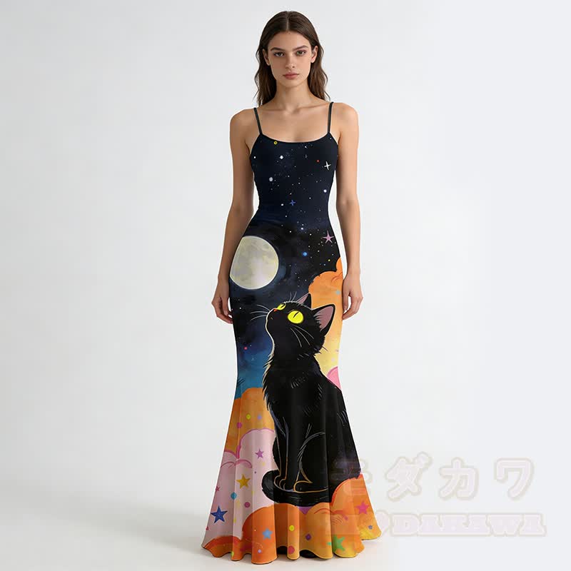 Cat Moon Graphic Spaghetti Strap Maxi Mermaid Dress - Black - 5XL - image 2