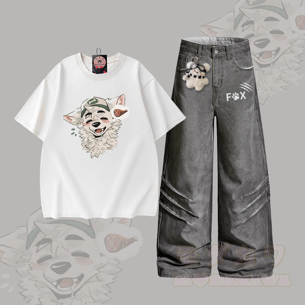 MODAKAWA X atka Fox Graphic Vintage Washed 100% Cotton T-shirt Denim Pants Two Pieces Set - Set B - 2XL - image 2