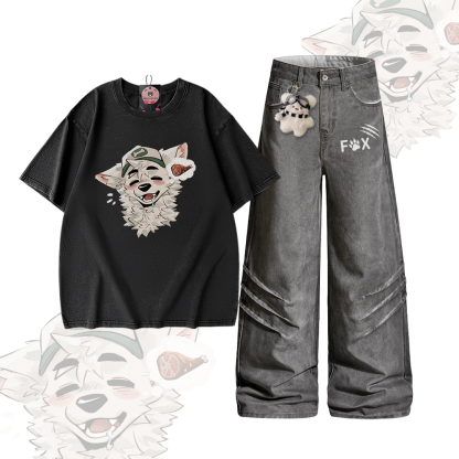 MODAKAWA X atka Fox Graphic Vintage Washed 100% Cotton T-shirt Denim Pants Two Pieces Set - Set B - 2XL - image 2