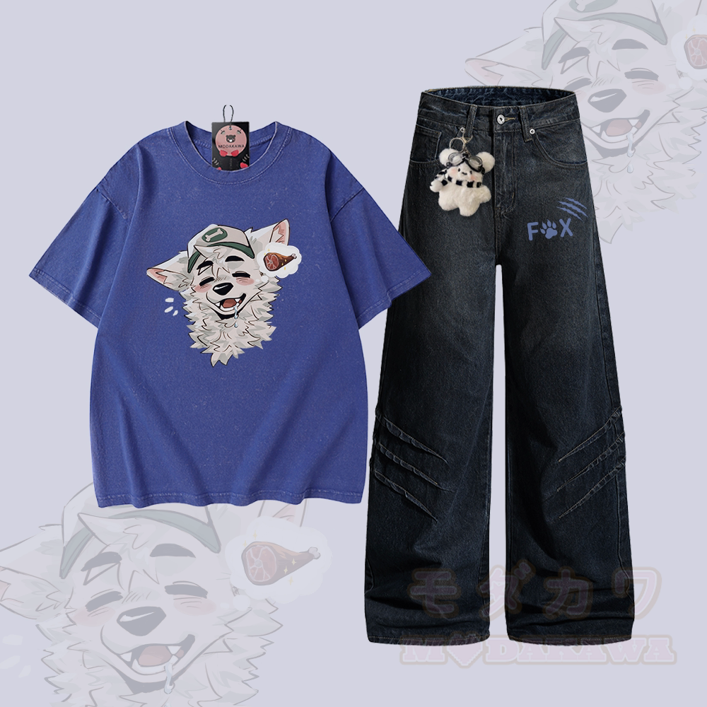 MODAKAWA X atka Fox Graphic Vintage Washed 100% Cotton T-shirt Denim Pants Two Pieces Set - Set A - 2XL - image 1