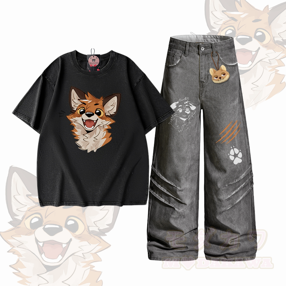MODAKAWA X atka Happy Fox Graphic Vintage Washed 100% Cotton T-shirt Denim Pants Two Pieces Set - Set B - 2XL - image 2