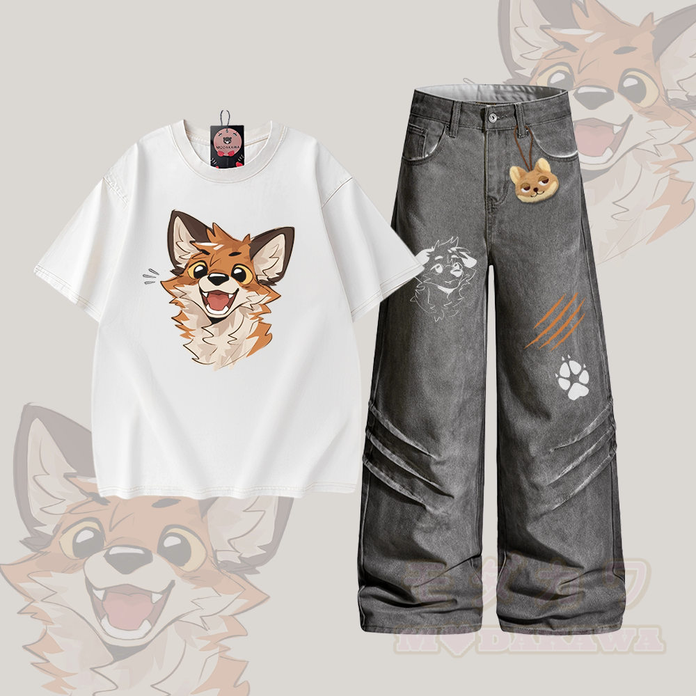 MODAKAWA X atka Happy Fox Graphic Vintage Washed 100% Cotton T-shirt Denim Pants Two Pieces Set - Set A - 2XL - image 1