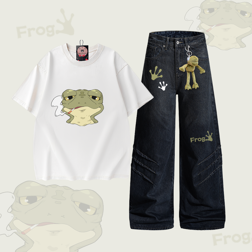 Smoking Frog Graphic Vintage Washed 100% Cotton T-shirt Denim Pants Modakawa Two Pieces Set - Set B - 2XL - image 2