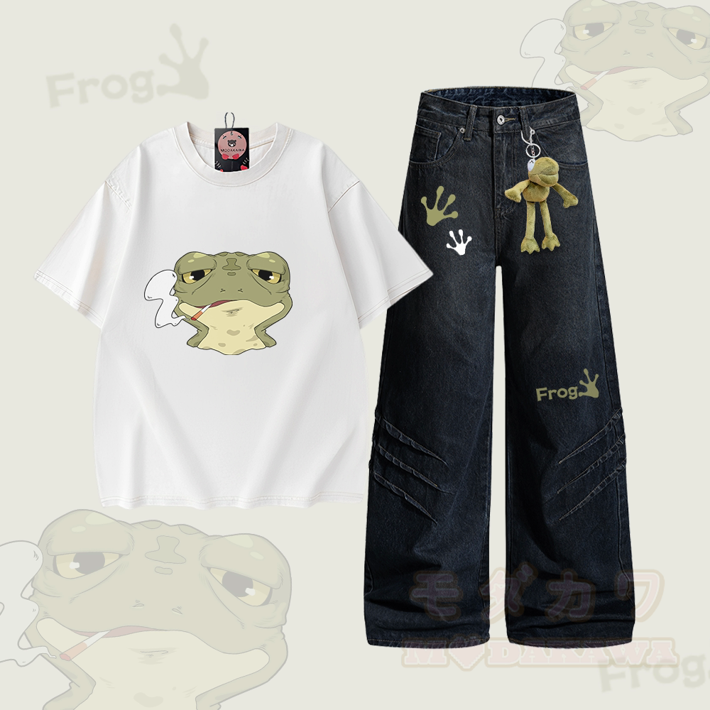 Smoking Frog Graphic Vintage Washed 100% Cotton T-shirt Denim Pants Modakawa Two Pieces Set - Set B - 2XL - image 2