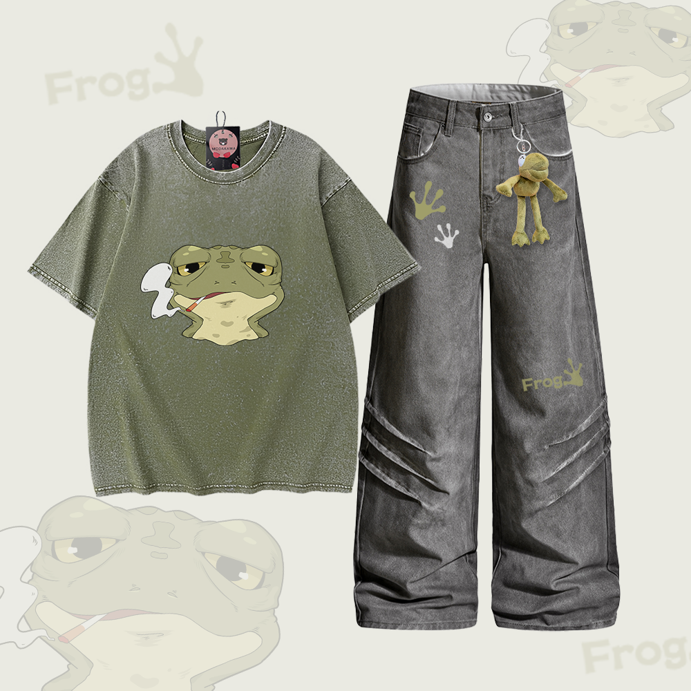 Smoking Frog Graphic Vintage Washed 100% Cotton T-shirt Denim Pants Modakawa Two Pieces Set - Set A - 2XL - image 1
