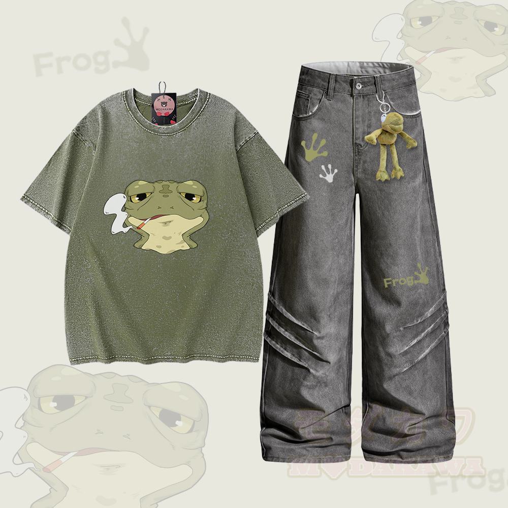 Smoking Frog Graphic Vintage Washed 100% Cotton T-shirt Denim Pants Modakawa Two Pieces Set - Set A - 2XL - image 1