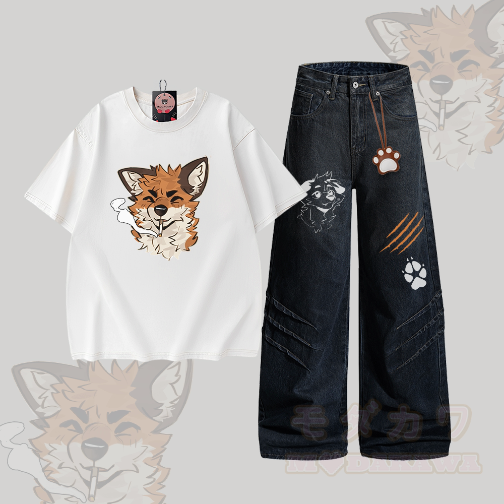 MODAKAWA X atka Smoking Fox Graphic Vintage Washed 100% Cotton T-shirt Denim Pants Two Pieces Set - Set B - 2XL - image 2