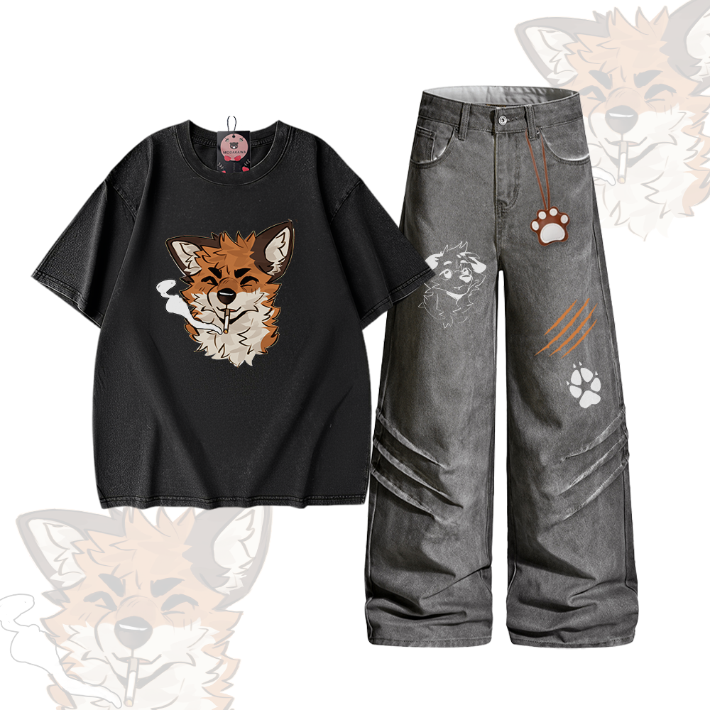 MODAKAWA X atka Smoking Fox Graphic Vintage Washed 100% Cotton T-shirt Denim Pants Matching Outfit - Set A - 2XL - image 1