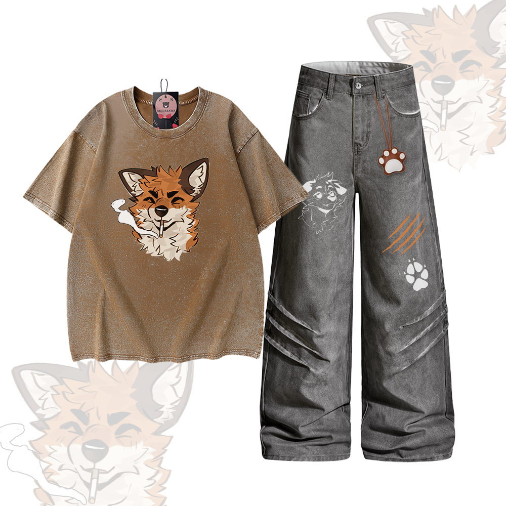 MODAKAWA X atka Smoking Fox Graphic Vintage Washed 100% Cotton T-shirt Denim Pants Matching Outfit - Set C - 2XL - image 3