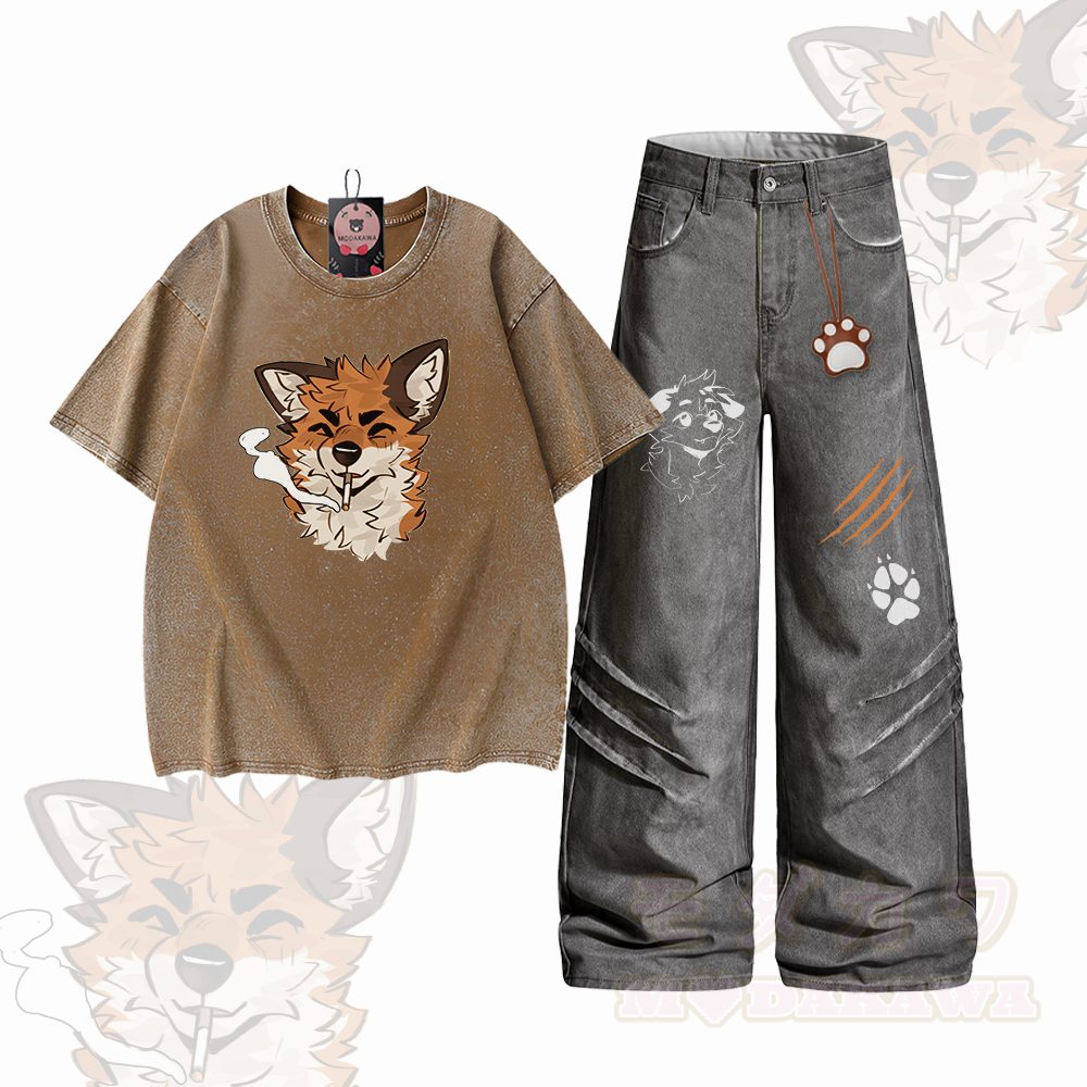 MODAKAWA X atka Smoking Fox Graphic Vintage Washed 100% Cotton T-shirt Denim Pants Two Pieces Set - Set C - 2XL - image 3