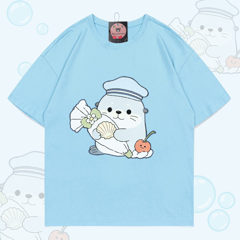Seal Graphic Modakawa 100% Cotton T-shirt - Sky Blue - 5XL - image 1