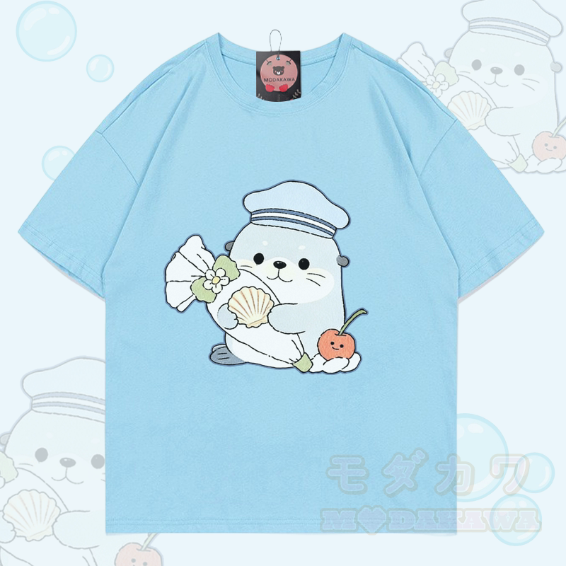 Seal Graphic Modakawa 100% Cotton T-shirt - Sky Blue - 5XL - image 1