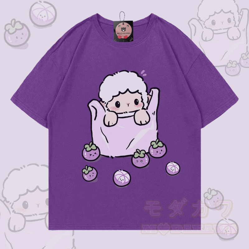 Sheep Blueberry Graphic Modakawa 100% Cotton T-shirt - Purple - 5XL - image 2